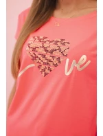 Dámská bavlněná blůza s krátkým rukávem a potiskem neonová oranžová model 21259030 - K-Fashion Dámská bavlněná blůza s krátkým rukávem a potiskem neonová oranžová model 21259030 - K-Fashion