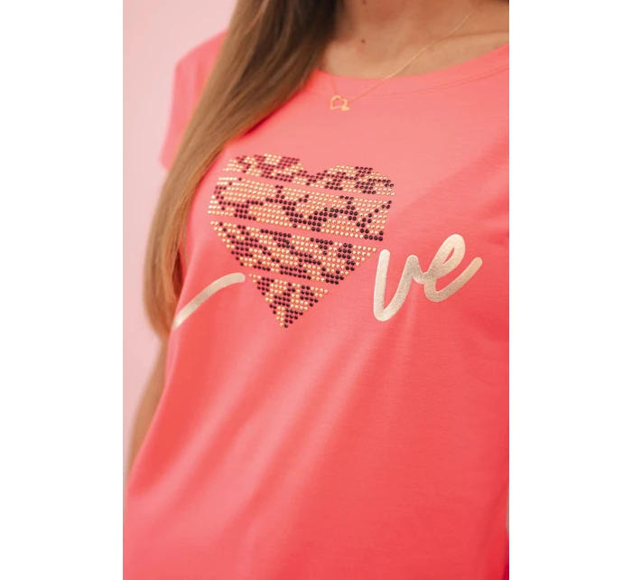 Dámská bavlněná blůza s krátkým rukávem a potiskem neonová oranžová model 21259030 - K-Fashion Dámská bavlněná blůza s krátkým rukávem a potiskem neonová oranžová model 21259030 - K-Fashion