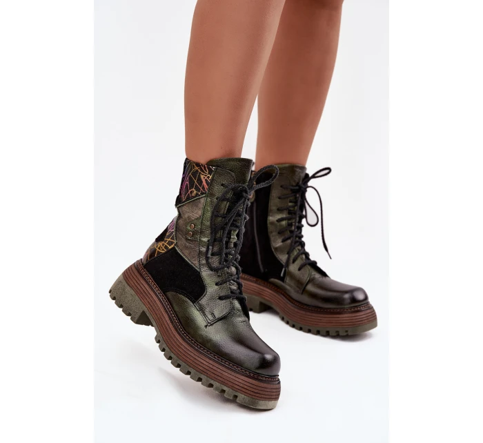 Kožené workery dámské na platformě model 21714249 tmavě zelené - Maciejka