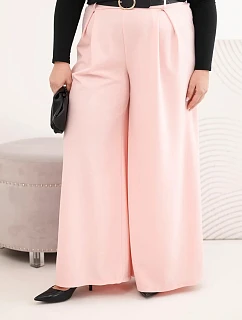 Dámské kalhoty Plus Size s širokou nohavicí a páskem pudrově růžové