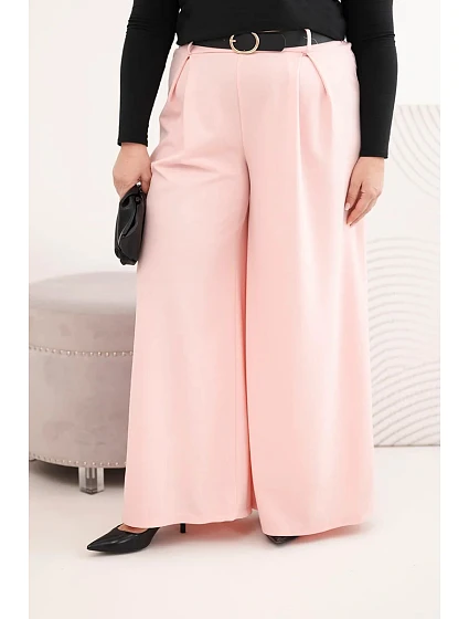Dámské kalhoty Plus Size s širokou nohavicí a páskem pudrově růžové