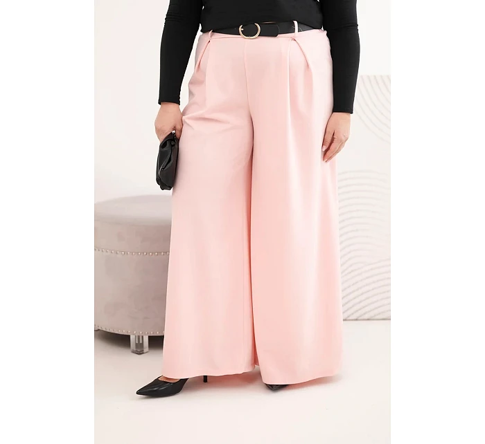 Dámské kalhoty Plus Size s širokou nohavicí a páskem pudrově růžové