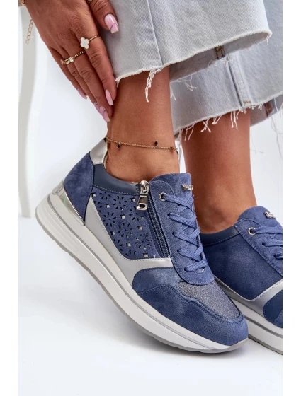 Dámské tenisky na platformě s prolamovaným vzorem a třpytkami INBLU Modrá Dámské tenisky na platformě s prolamovaným vzorem a třpytkami INBLU Modrá