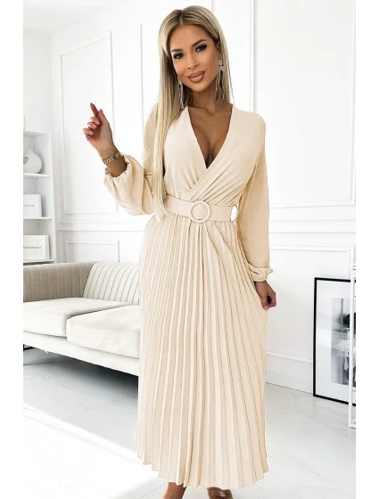 Plisované midi šaty se výstřihem, dlouhými rukávy a širokým páskem  béžová barva model 21819832 - numoco basic