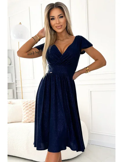 425-8 MATILDE Šaty s výstřihem a krátkými rukávy - GRANITE se třpytkami