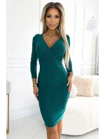 387-7 Přiléhavé šaty s obálkovým výstřihem a dlouhými rukávy - ZELENÉ se třpytkami 387-7 Přiléhavé šaty s obálkovým výstřihem a dlouhými rukávy - ZELENÉ se třpytkami