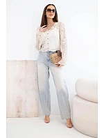 Dámský bavlněný krajkový svetr zapínaný na knoflíky s dlouhým rukávem béžový