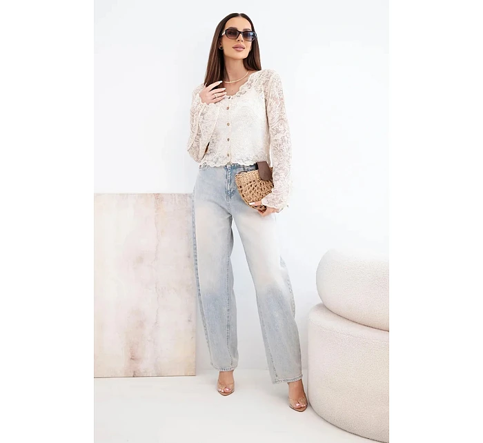 Dámský bavlněný krajkový svetr zapínaný na knoflíky s dlouhým rukávem béžový