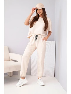 Dámská bavlněná souprava halenka s krátkým rukávem a teplákové kalhoty béžová