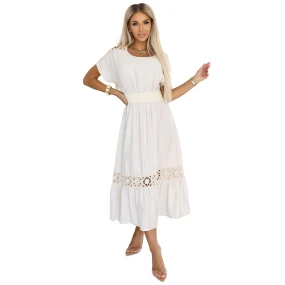 model 21214378 Jemné šaty v boho stylu s prolamovanými vsadkami ecru barva - numoco basic model 21214378 Jemné šaty v boho stylu s prolamovanými vsadkami ecru barva - numoco basic