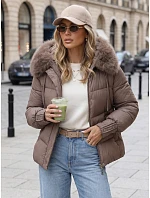 Dámská prošívaná bunda s kožešinovou kapucí, béžová, FashionStreet TY5893