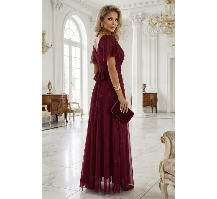 635-5 MELANIA dlouhé lesklé šaty s výstřihem a krátkými rukávy - vínové 635-5 MELANIA dlouhé lesklé šaty s výstřihem a krátkými rukávy - vínové