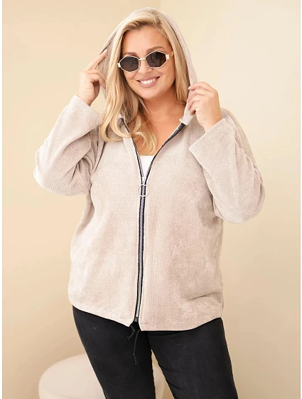 Dámská mikina Plus Size manšestrová s kapucí a zipem oversize béžová Dámská mikina Plus Size manšestrová s kapucí a zipem oversize béžová