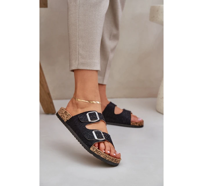 Textilní Pantofle Na Korkové Podešvi S Přezkami Černé Atera Textilní Pantofle Na Korkové Podešvi S Přezkami Černé Atera