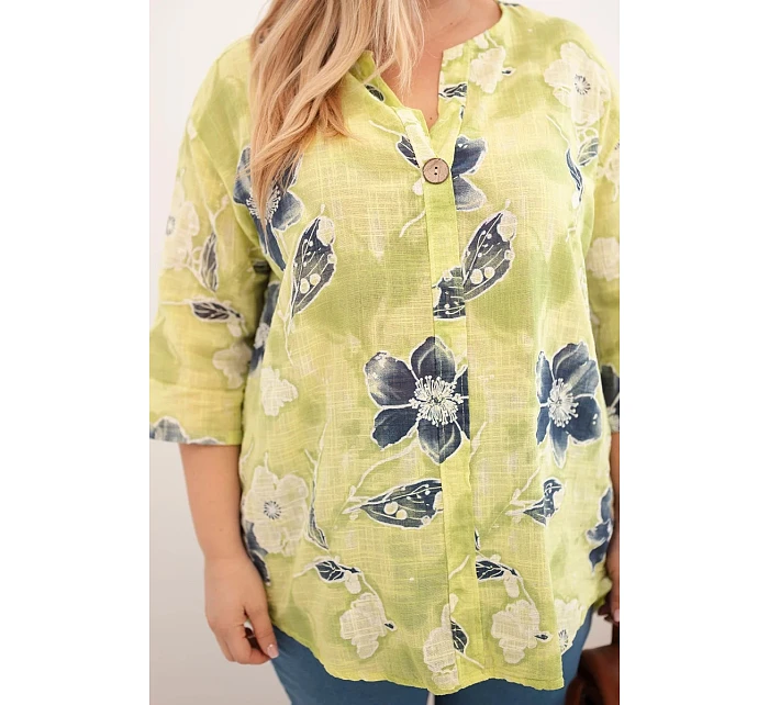 Dámská bavlněná halenka Plus Size s květinovým vzorem světle zelená