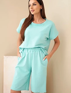 Dámský bavlněný komplet tričko s krátkým rukávem a kraťasy s gumou v pase mentolový