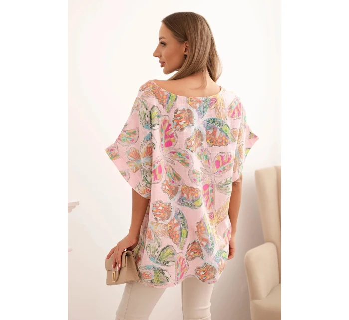 Dámská bavlněná blůza s motivem motýlů s krátkým rukávem cukrová růžová Dámská bavlněná blůza s motivem motýlů s krátkým rukávem cukrová růžová