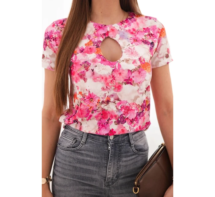 Dámská viskózová žebrovaná halenka s květinovým potiskem fuchsiová