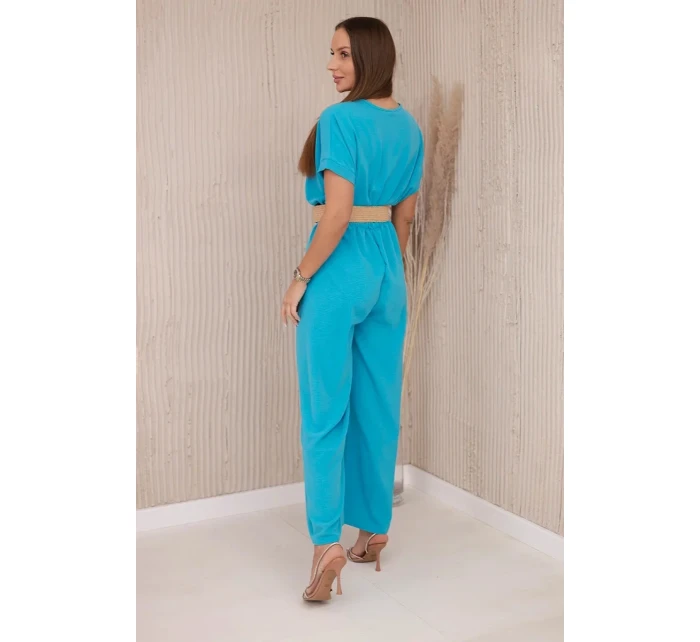 Kombinéza s ozdobným páskem v pase tyrkys Kombinéza s ozdobným páskem v pase tyrkys