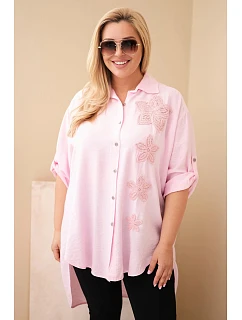 Dámská košile Plus Size z viskózy s květinovým vyšíváním cukrově růžová