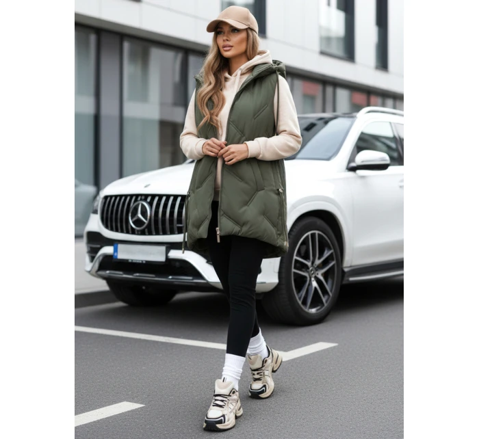 Dámská dlouhá prošívaná vesta s kapucí zelená FashionStreet TY5106 Dámská dlouhá prošívaná vesta s kapucí zelená FashionStreet TY5106