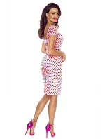 Elegantní růžové bavlněné dámské šaty s tmavě modrými puntíky a s krátkými rukávy 440-2 
