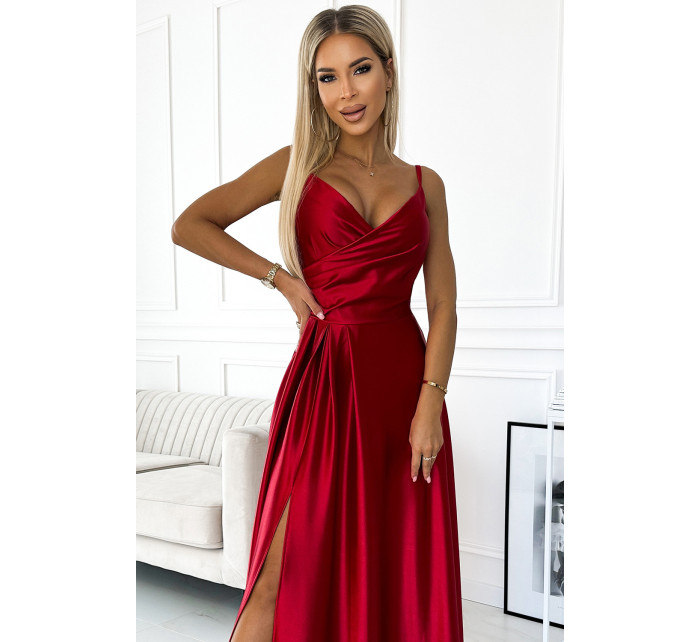 CHIARA - Elegantní červené dlouhé dámské saténové maxi šaty na ramínkách 299-14