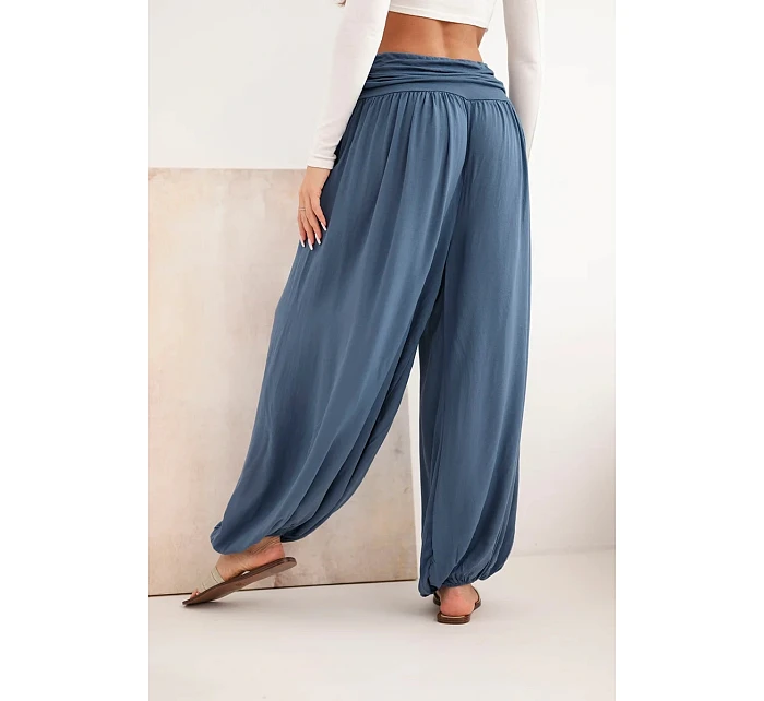 Dámské viskózové kalhoty s širokou nohavicí a nařasením džínové