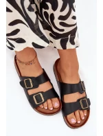 Dámské pantofle na korkové platformě s přezkami – černé