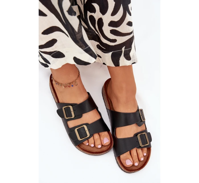 Dámské pantofle na korkové platformě s přezkami – černé