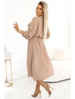 531-3 Midi sukně se zlatými knoflíky a vázáním - MOCHA MOUSSE