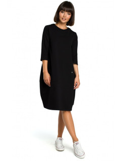 B083 Oversized šaty s přední kapsou - černé