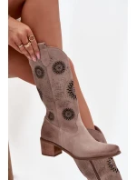 Semišové kožené dámské kozačky s vzorem  Cappuccino model 21713265 - Zazoo