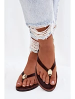 Dámské ploché žabky s zlatým detailem čokoládové model 22102942 - EVENTO