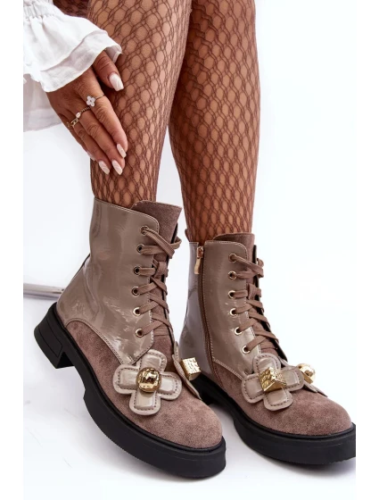 Módní dámské kotníkové boty na zip s ozdobami D&A šedohnědá Módní dámské kotníkové boty na zip s ozdobami D&A šedohnědá