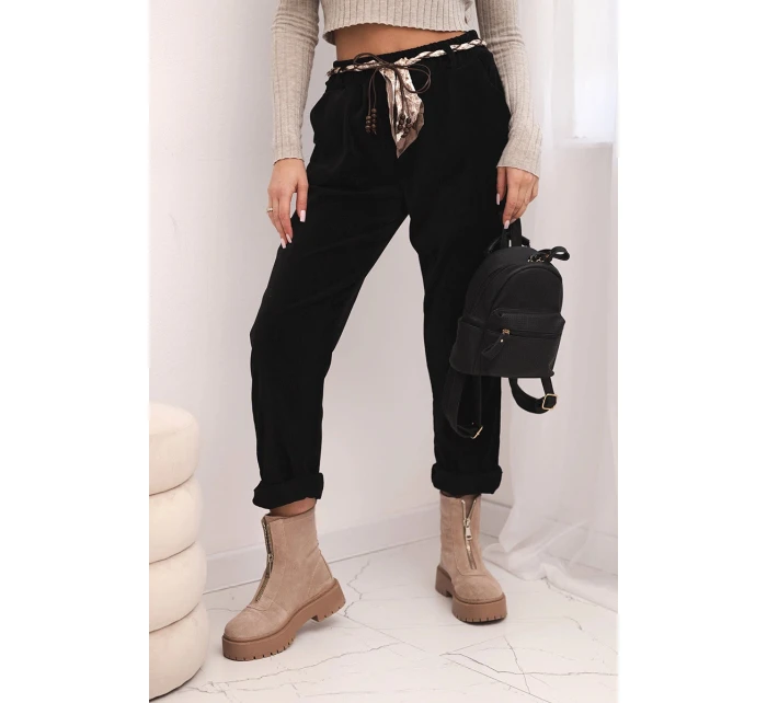 Dámské kalhoty z viskózy s šátkovým páskem černé