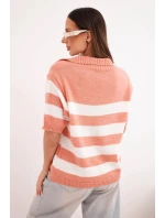 Dámský svetr s límečkem a krátkým rukávem pruhovaný rudy Dámský svetr s límečkem a krátkým rukávem pruhovaný rudy