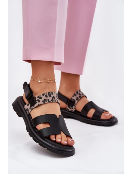 Kožené Dámské Sandály Na Plochém Podpatku Panterka model 21697793 Černé - VINCEZA