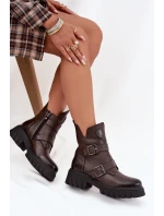 Kožené zateplené dámské boty s přezkami a ozdobným detailem model 21707567 čokoládové - Zazoo