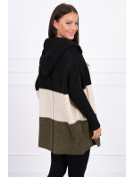 Tříbarevný svetr s kapucí černá+béžová+khaki