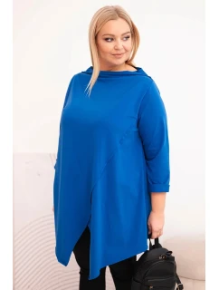 Dámská bavlněná blůza Plus Size asymetrická s ohrnutým rukávem chabrová