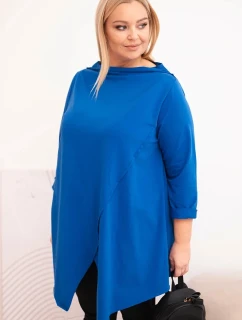 Dámská bavlněná blůza Plus Size asymetrická s ohrnutým rukávem chabrová
