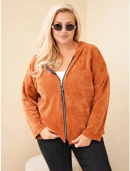 Dámská mikina Plus Size manšestrová s kapucí a zipem oversize hnědá Dámská mikina Plus Size manšestrová s kapucí a zipem oversize hnědá