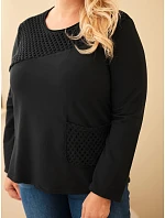 Dámská bavlněná mikina Plus Size s průsvitnou vsadkou a kapsou černá Dámská bavlněná mikina Plus Size s průsvitnou vsadkou a kapsou černá