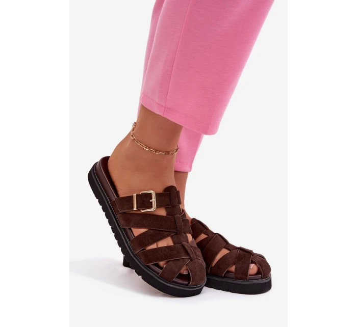 Dámské pantofle s pásky a zlatým přezkou Čokoládové Roselisse