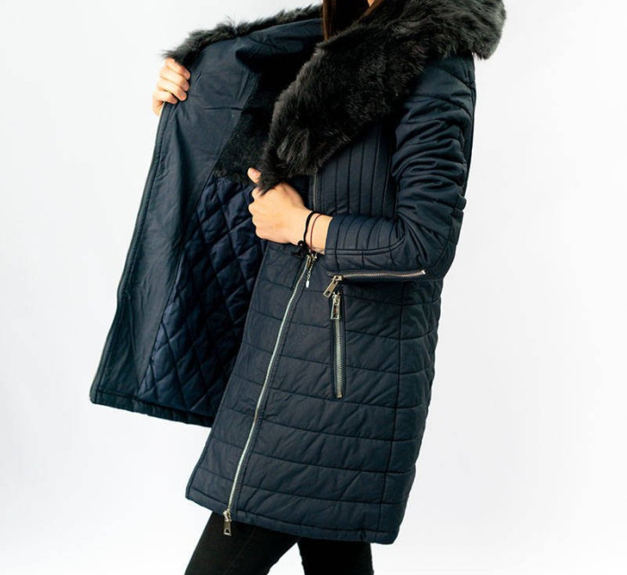 Tmavě modrý dámský kabát z eko kůže s kožešinou (LD5520)