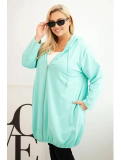 Dámská mikina Plus Size bavlněná s kapucí a zipem mátová