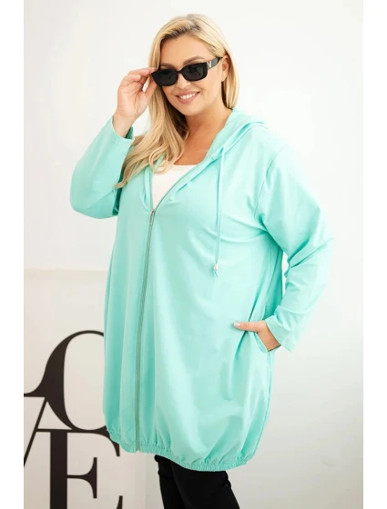 Dámská mikina Plus Size bavlněná s kapucí a zipem mátová