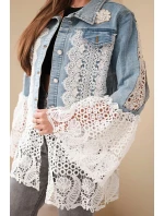 Dámská džínová bunda z bavlny a květinovou krajkou světle džínová