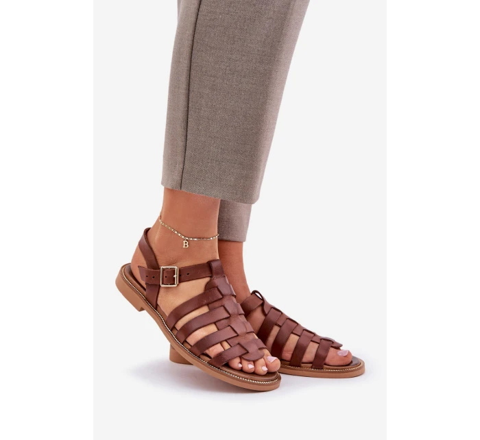 Kožené sandály na plochém podpatku hnědé Zazoo model 21682324 - Boto Kožené sandály na plochém podpatku hnědé Zazoo model 21682324 - Boto